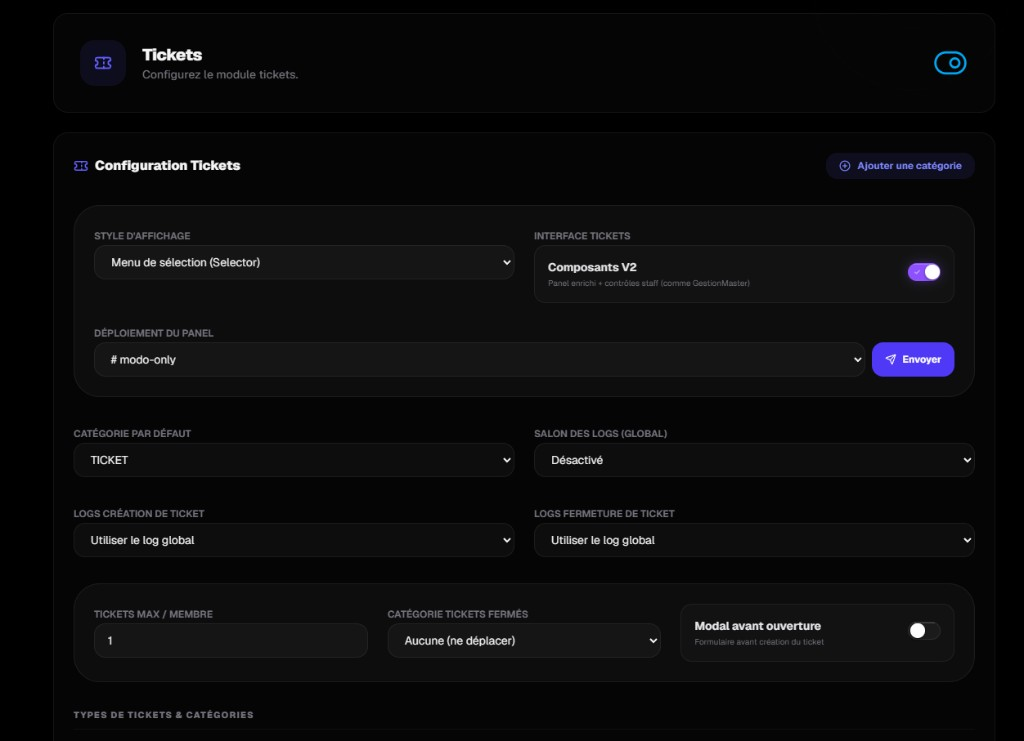 Configuration du module Tickets